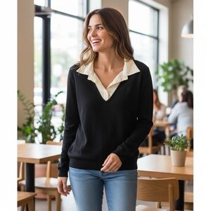 Chaps Women's Black V-Neck Angora Sweater Retro